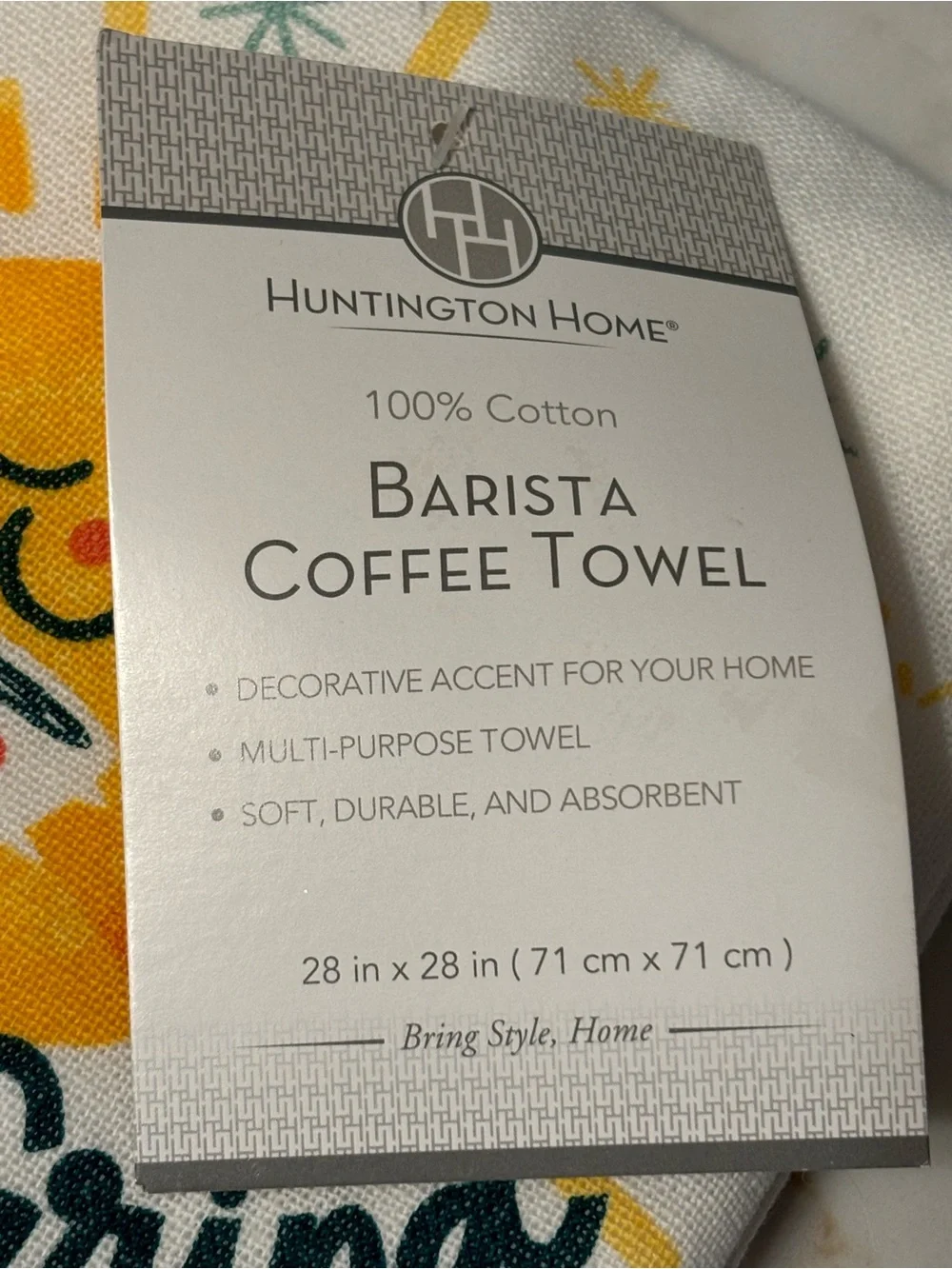 Huntington Home “Rise & Grind” Tea Towel with Yellow Sun, NWT